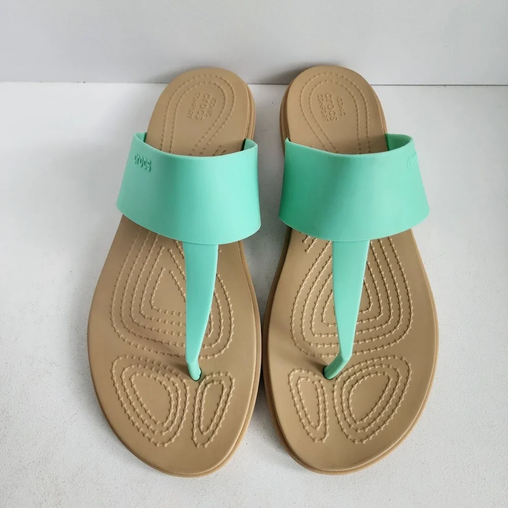 Crocs Serena Flip Sandals Womens 10 Mint Green Tan Thong Flat Comfort 205468